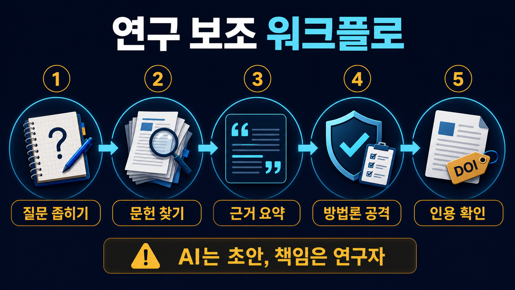 질문 좁히기, 문헌 찾기, 근거 요약, 방법론 공격, 인용 확인으로 이어지는 AI 연구 보조 워크플로