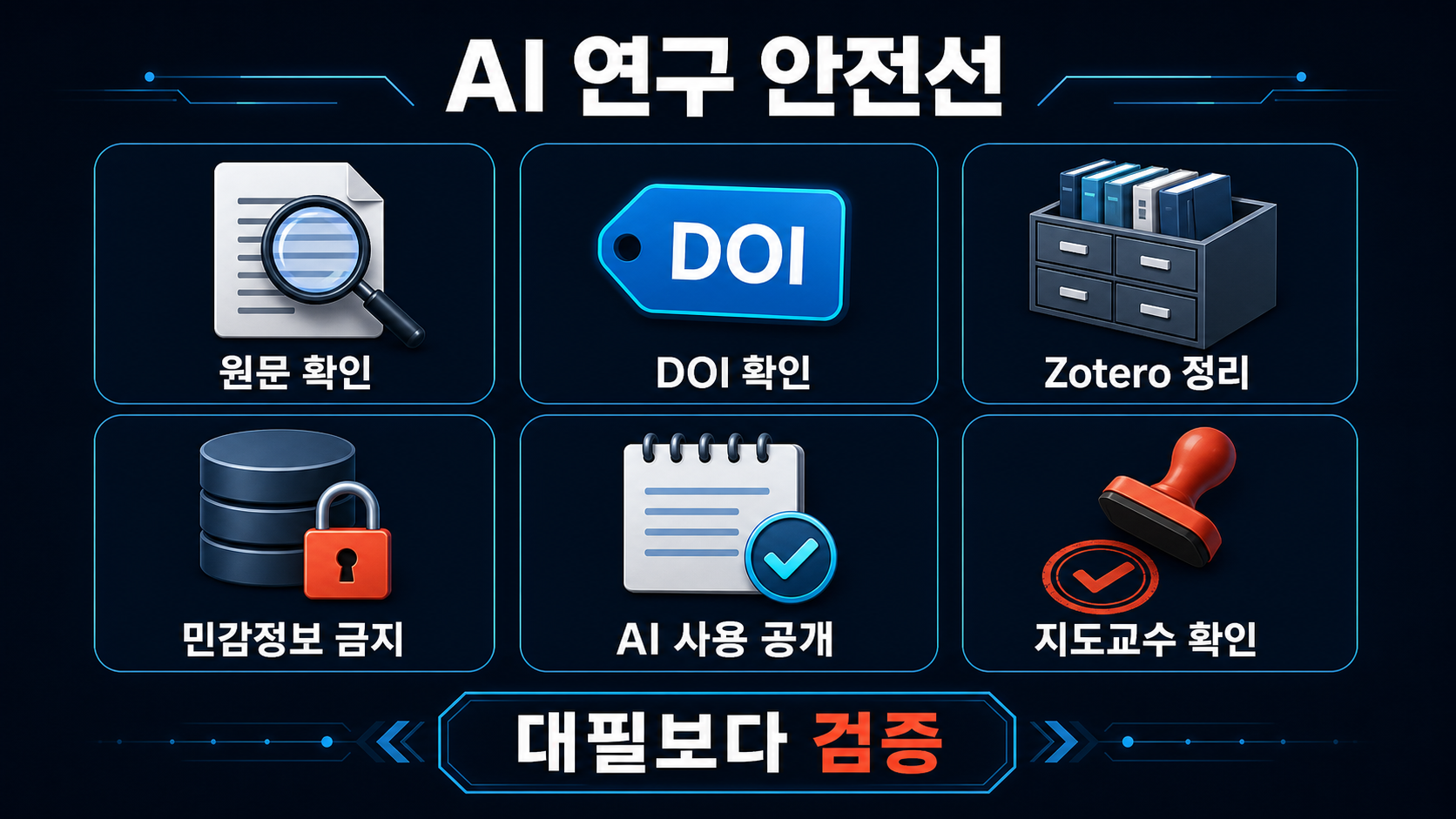 AI 연구 안전선 체크리스트: 원문 확인, DOI 확인, Zotero 정리, 민감정보 금지, AI 사용 공개, 지도교수 확인