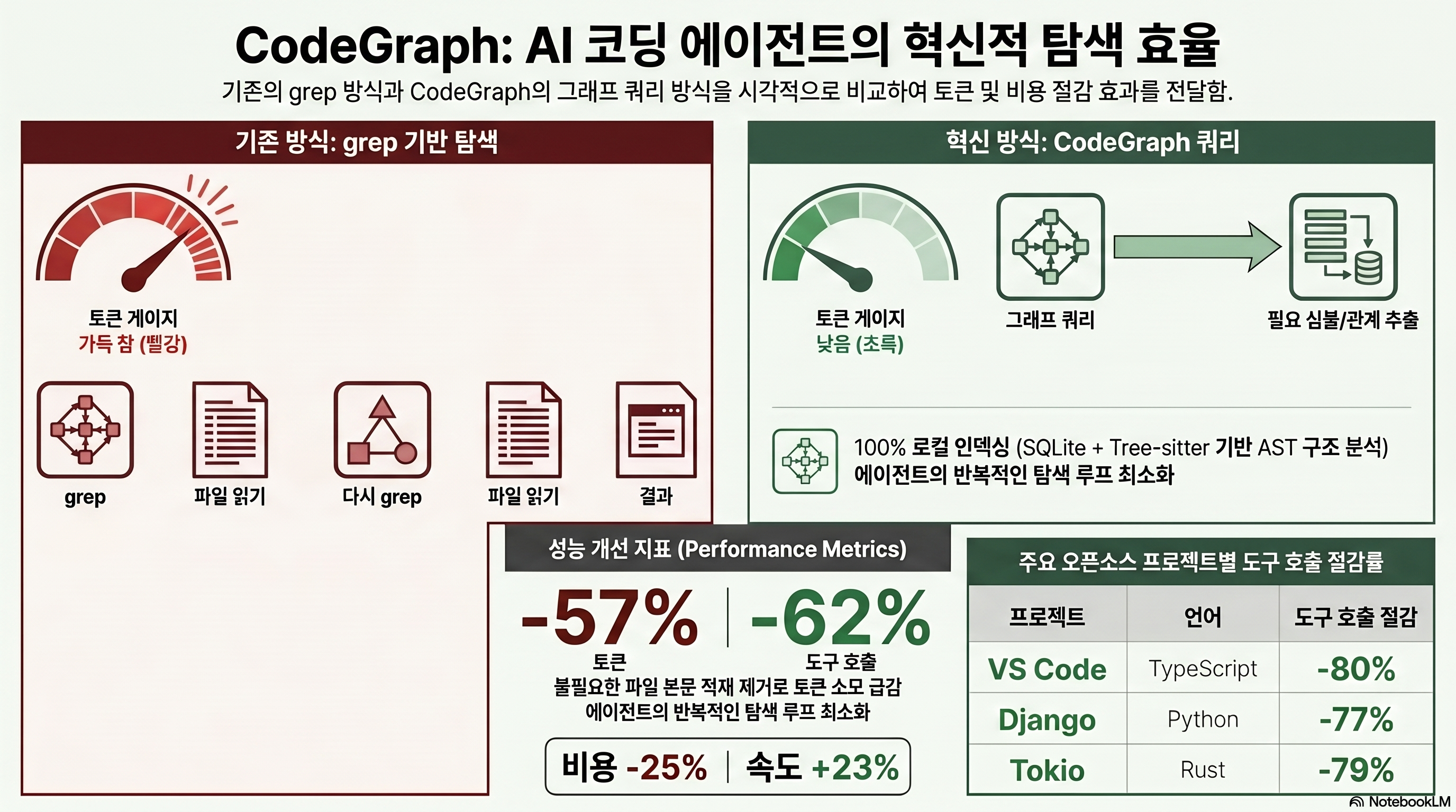 grep 기반 다단계 코드 탐색과 CodeGraph 그래프 쿼리 방식을 비교한 인포그래픽. CodeGraph 사용 시 토큰 약 57%, 도구 호출 약 62% 감소를 보여준다.