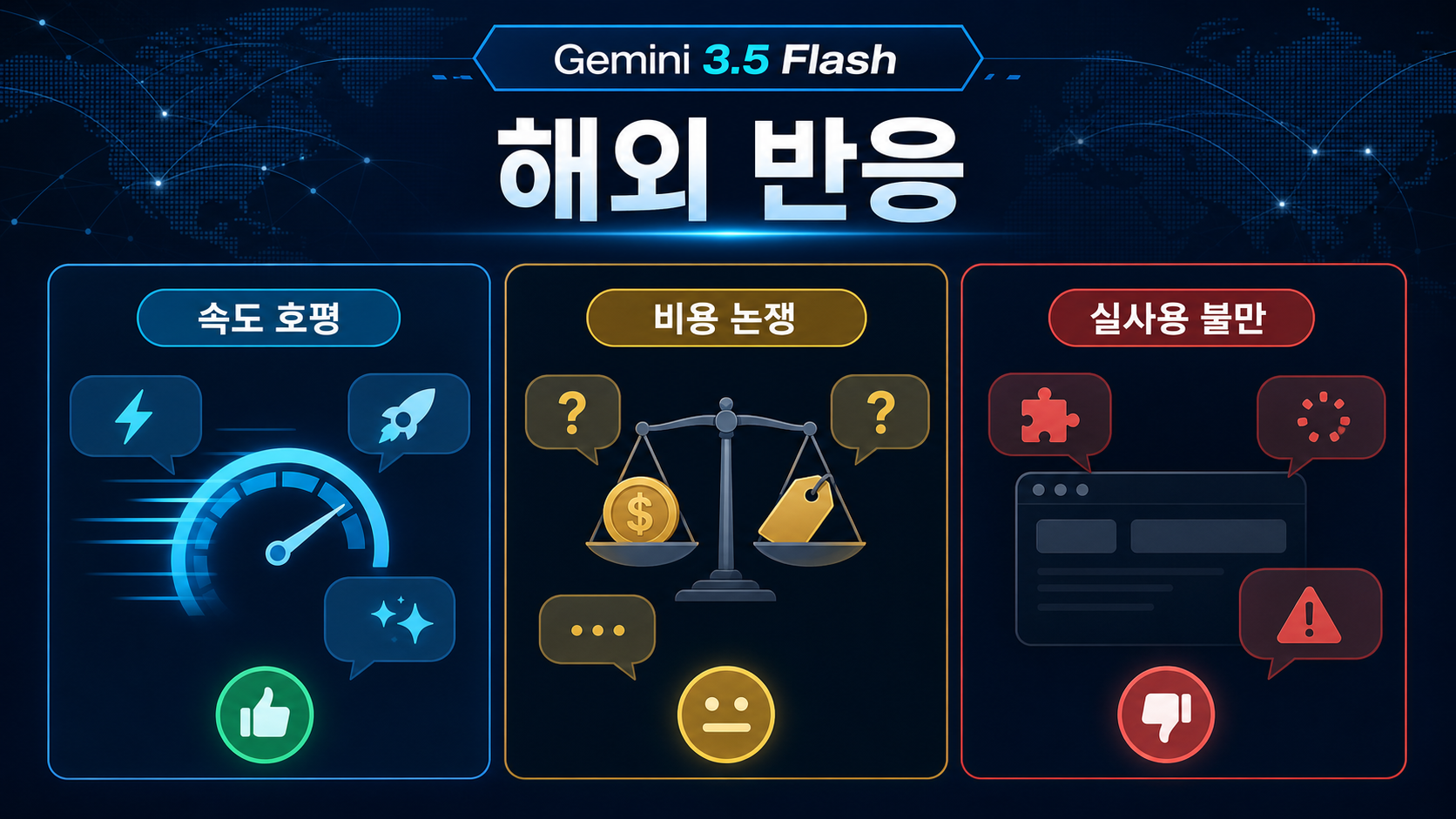 Gemini 3.5 Flash 해외 반응을 속도 호평, 비용 논쟁, 실사용 불만 세 축으로 나눈 인포그래픽