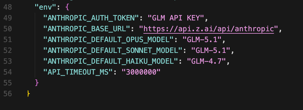~/.claude/settings.json in editor — Z.AI endpoint mapped to Opus, Sonnet, and Haiku slots with GLM-5.1 and GLM-4.7