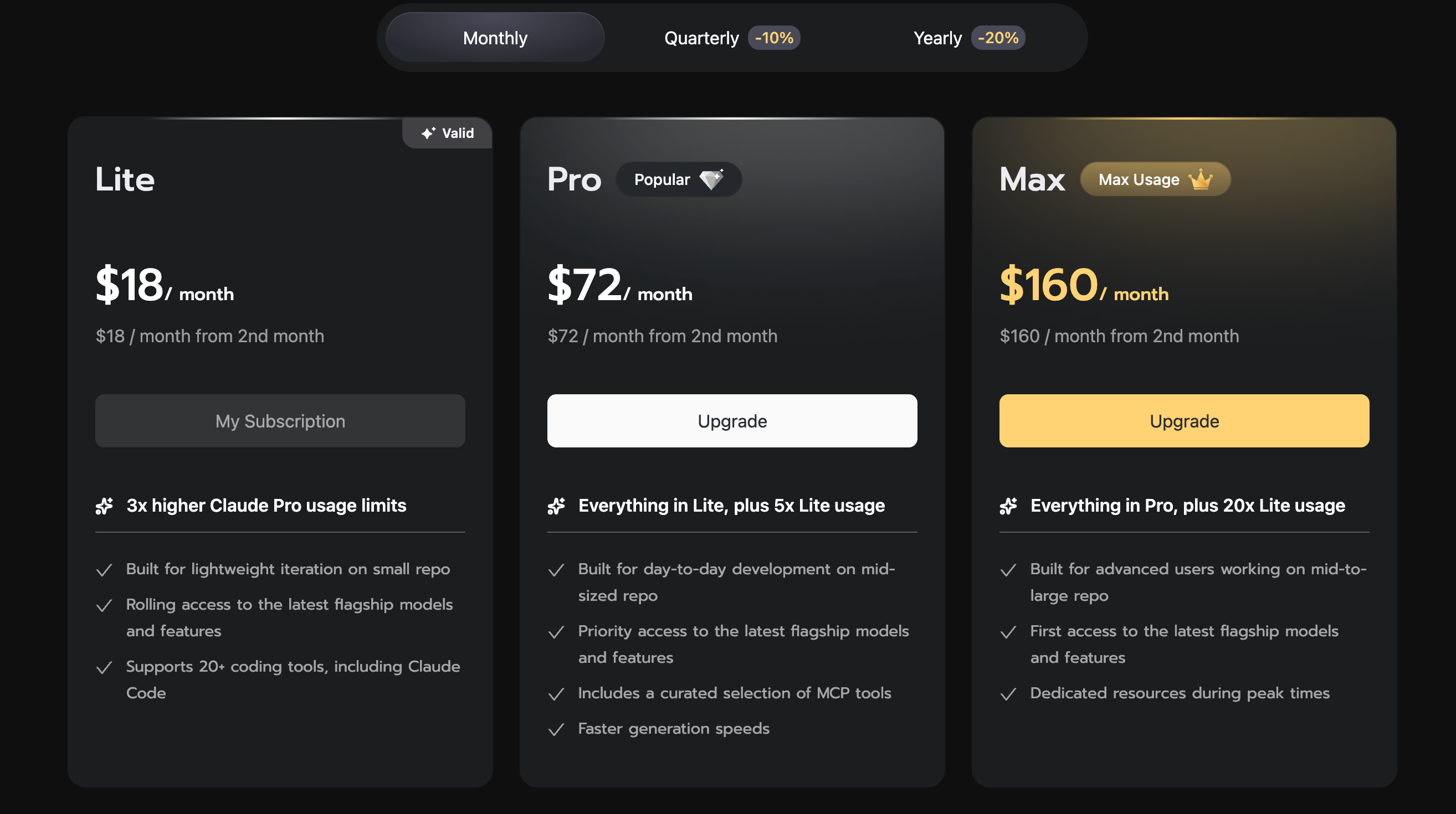 Z.AI Coding Plan subscription page — Lite $18, Pro $72, Max $160 monthly tier cards