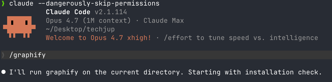 Claude Code v2.1.114 new session showing /graphify . input followed by 'I'll run graphify on the current directory' response