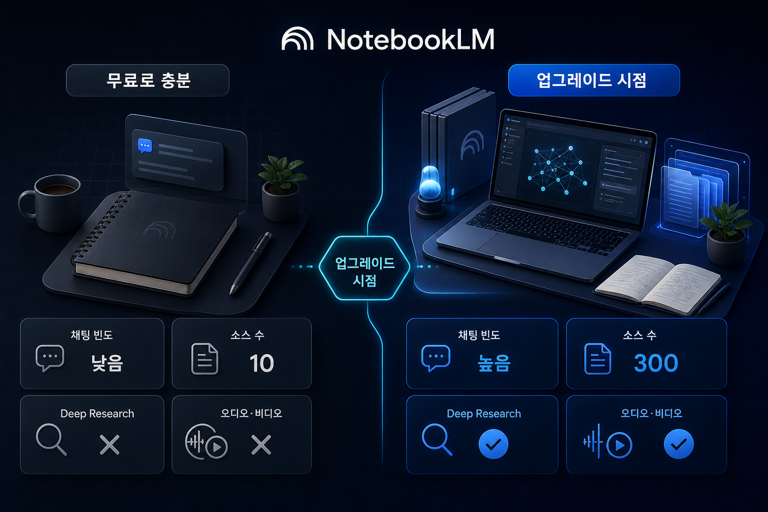 Infographic separating free NotebookLM usage from upgrade triggers using chat frequency, source count, Deep Research, and audio or video usage