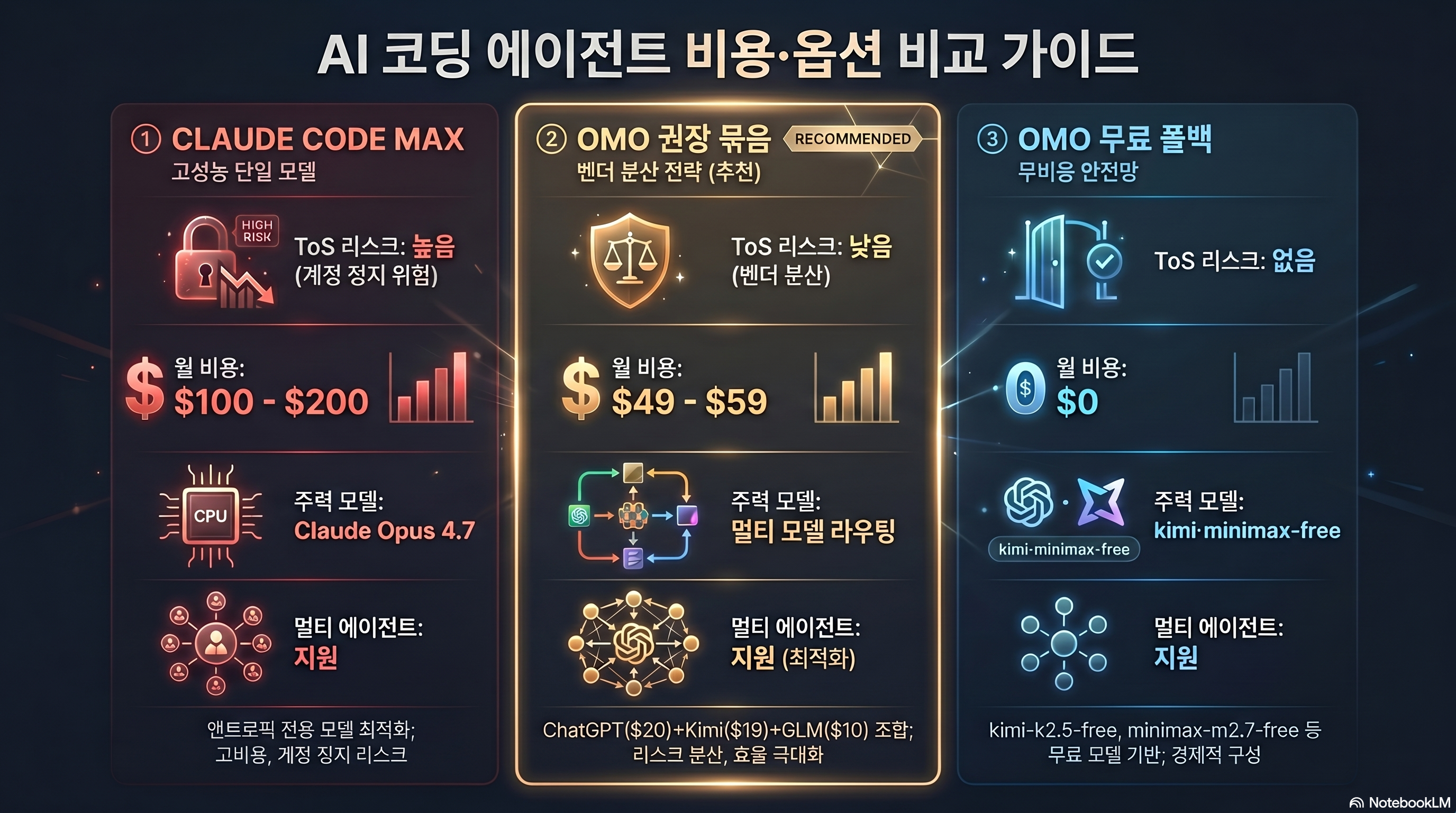 Infographic comparing monthly cost, flagship model, and ToS risk of Claude Code Max ($100-$200), OmO Recommended Bundle ($49-$59), and OmO Free Fallback ($0)