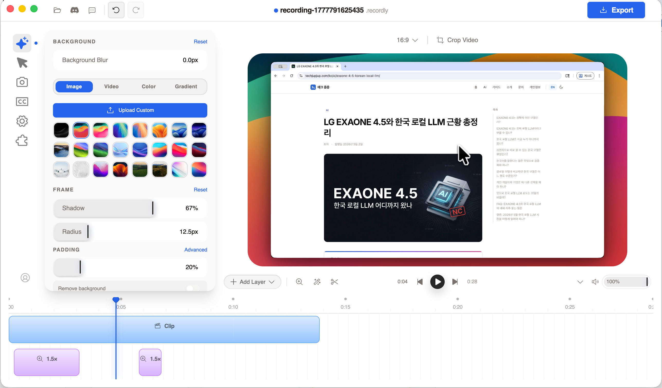 Recordly editing screen. A background selection panel, a canvas with a browser frame applied, and a timeline with a zoom section are displayed together.