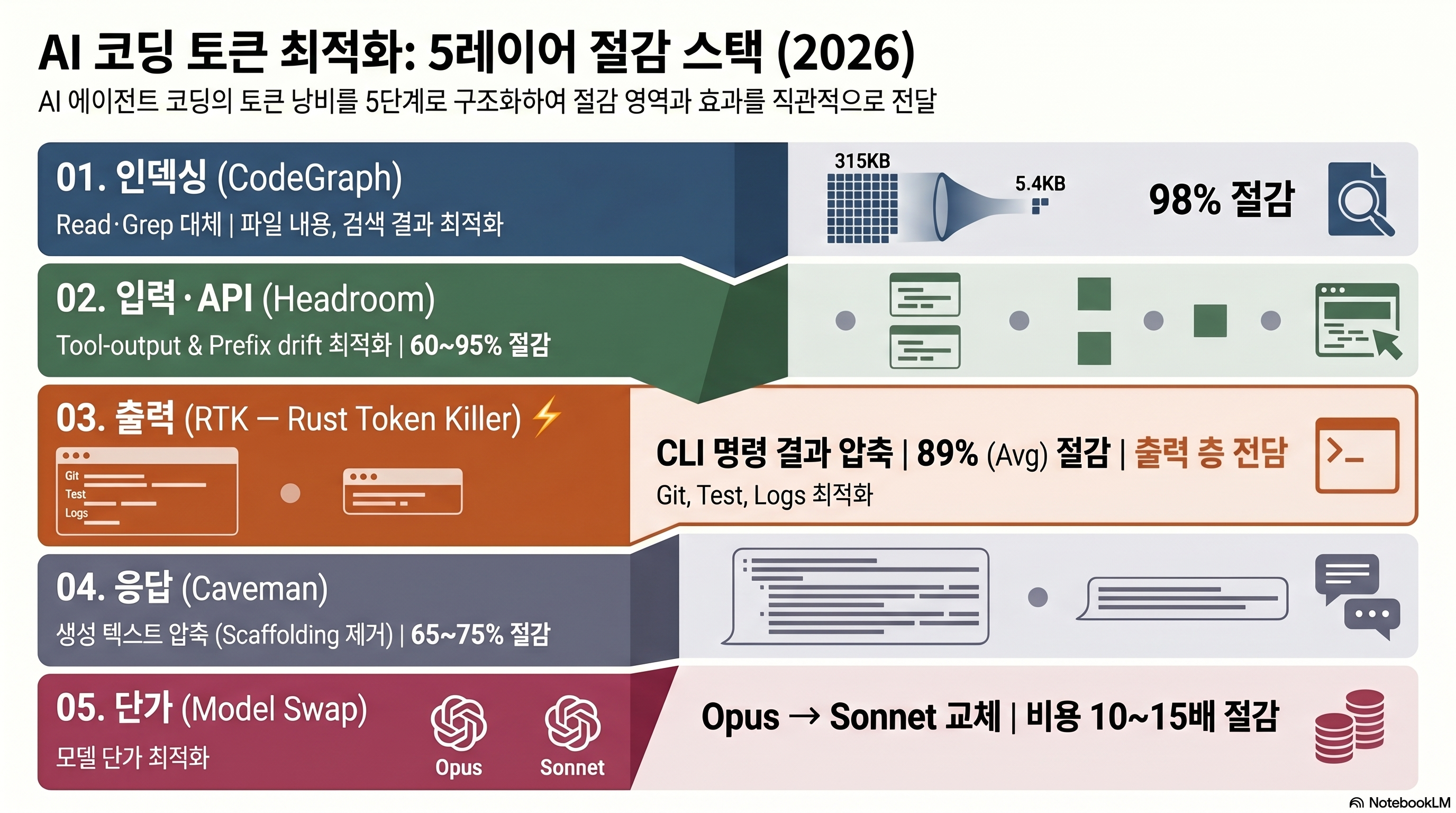 AI 코딩 토큰 절감 5레이어 스택 — 인덱싱·입력/API·출력(RTK)·응답·단가 레이어로 구분한 다이어그램